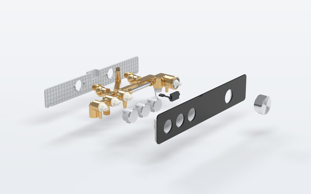 Exploded render of the in-wall shower system's internal parts, housing omitted