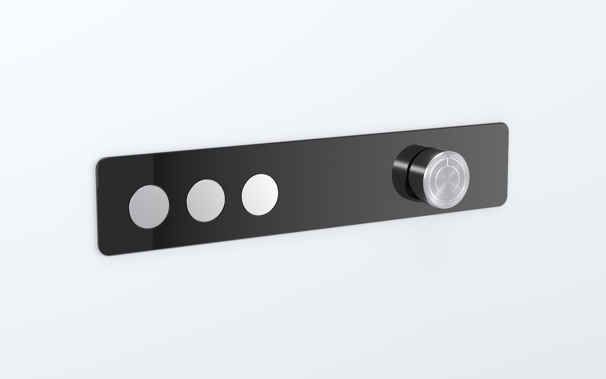Rendered exterior of an in-wall concealed shower system: glass front panel with digital display, three push buttons and a handwheel