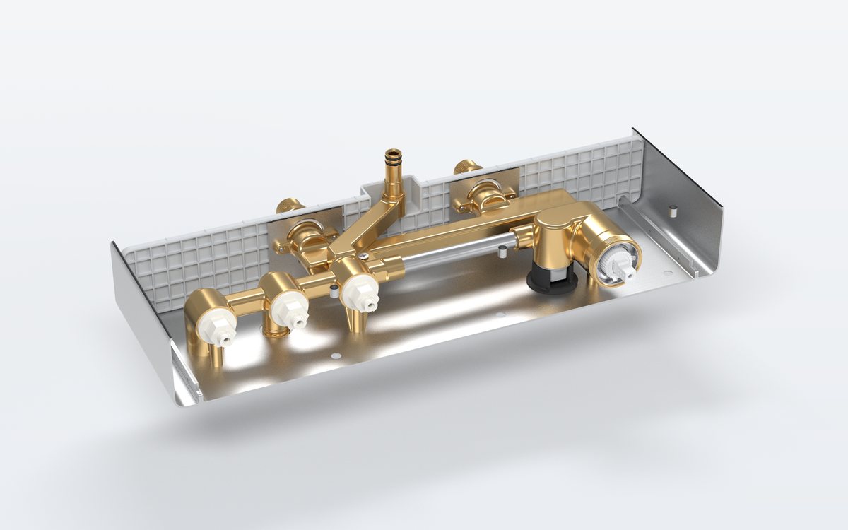 Rendered inside view of the in-wall shower system with the housing cover removed, showing the hot and cold valve block and the waterways