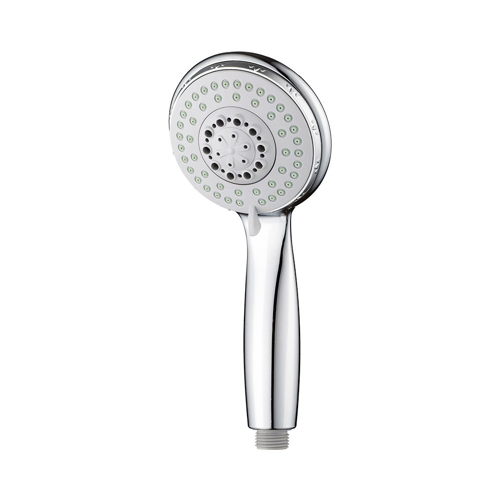 ZH2019BC chrome handheld shower head with white face plate, green-grey rubber nozzles and side lever selector