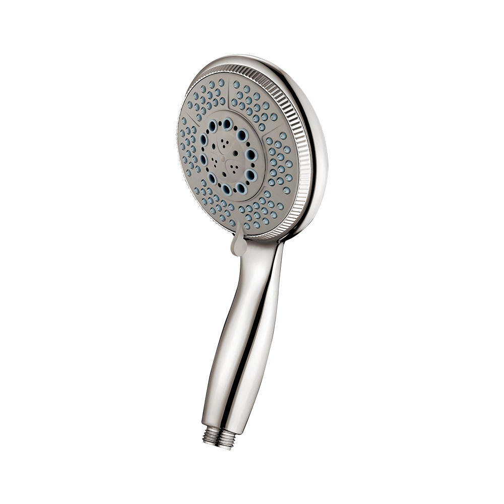ZH2020C chrome multi-function handheld shower head with large grey face plate and blue nozzle inserts