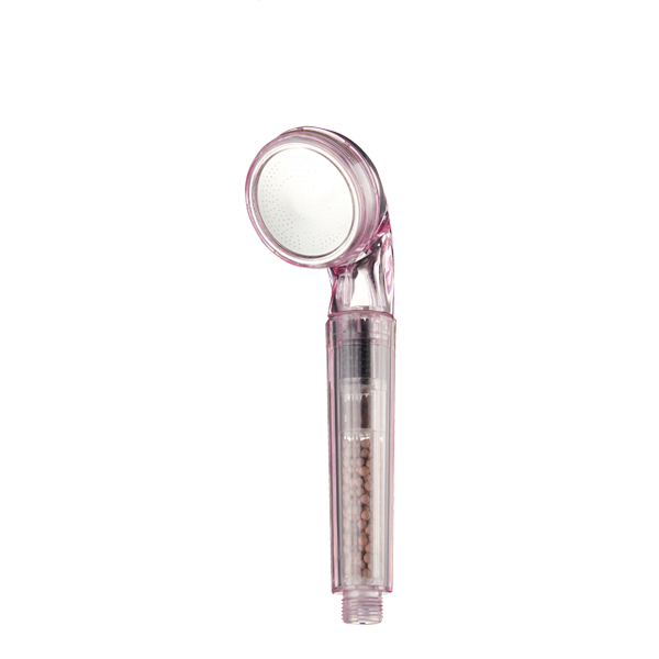 ZH2087 transparent light pink handheld filter shower head with white micro-nozzle face and beige mineral bead chamber