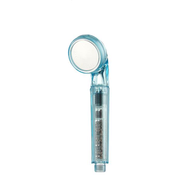 ZH2087T transparent light-blue handheld filter shower head with white micro-nozzle face and grey mineral bead handle