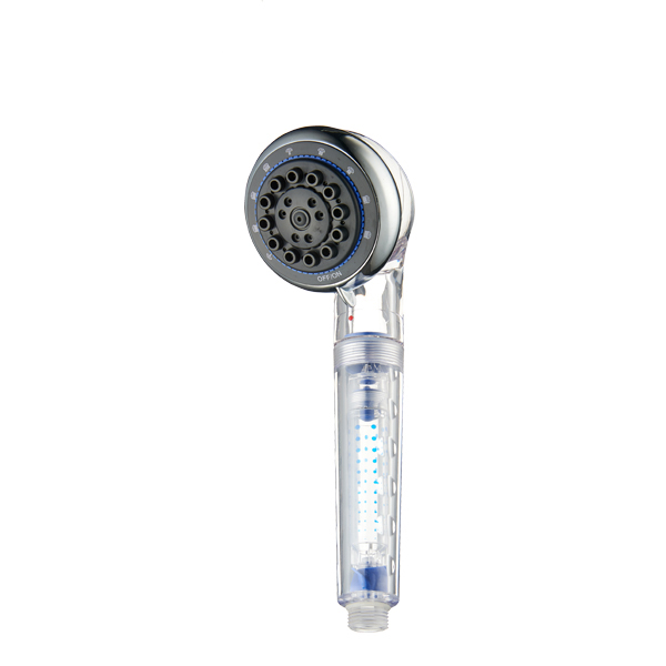 ZH2091T transparent-handle filter hand shower with chrome round head, black nozzle face and blue ring