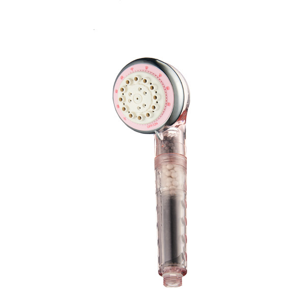 ZH2092T-1 pink transparent handheld filter shower head with white mineral beads, chrome head and OFF/ON rotating face plate
