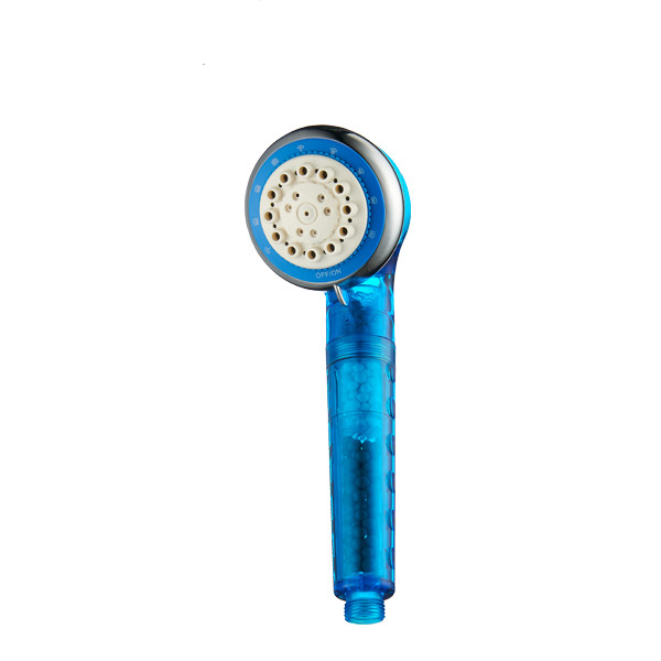 ZH2092T-1B transparent blue handheld filter shower head with chrome ring, OFF/ON selector and bead-filled handle