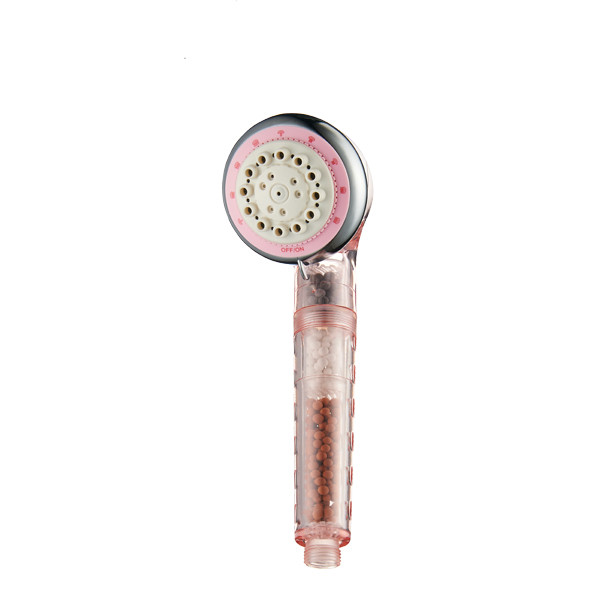 ZH2092T-1P transparent pink handheld filter shower head with OFF/ON ring, white face plate and bead chambers