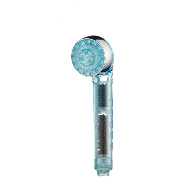 ZH2093T transparent light-blue handheld shower head with chrome face ring and black bead filter chambers