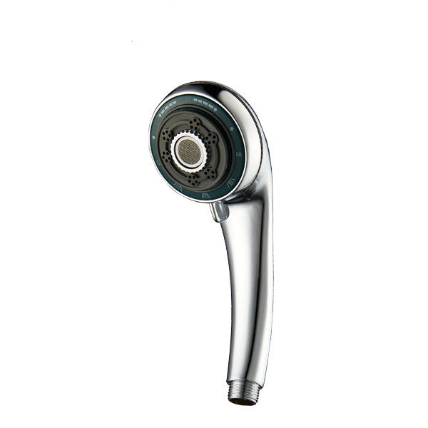 ZH2120C chrome handheld multi-function shower head with dark green face plate and mesh center nozzle