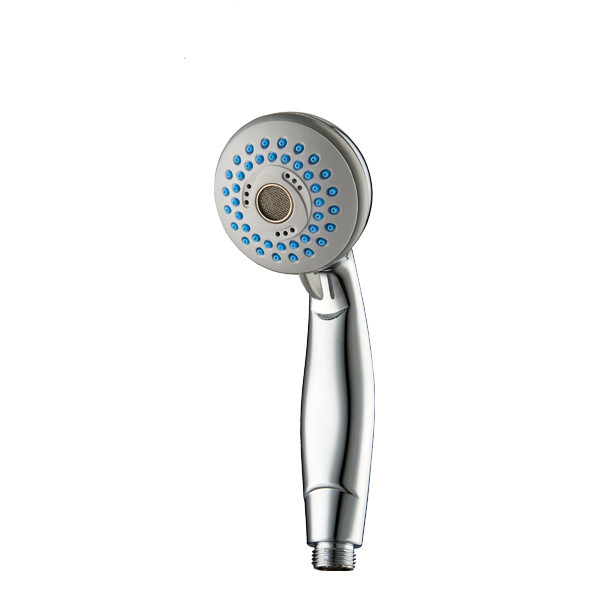 ZH2142C chrome handheld shower head with grey face plate, blue rubber nozzles and central mesh insert