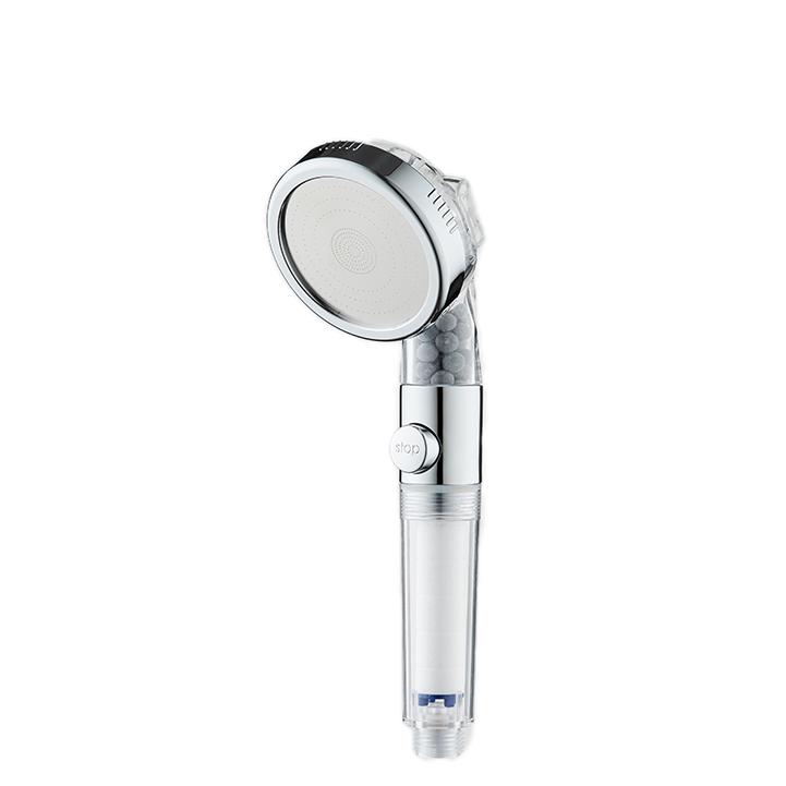 ZH2256T chrome and clear handheld filter shower head with stop button, grey mineral beads and white PP cotton cartridge