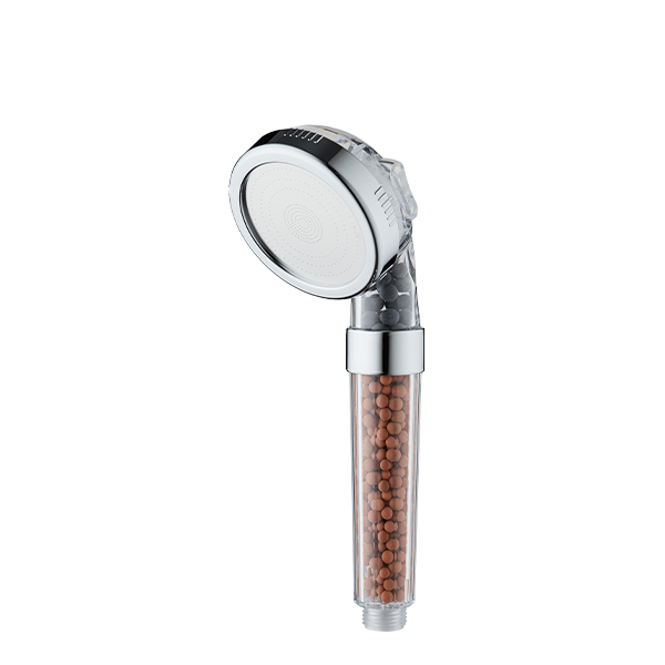 ZH2258 transparent handheld filter shower head with orange-brown mineral beads, chrome round head and white micro-nozzle face