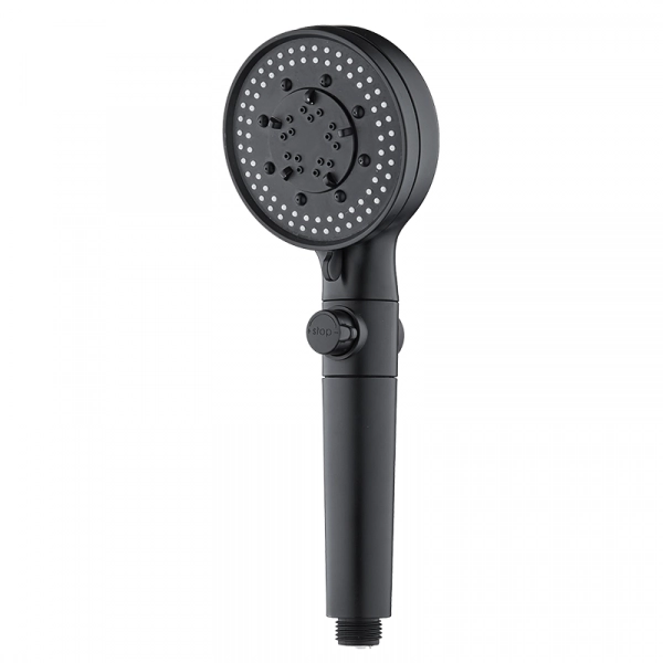 ZH2378 matte black multi-function handheld shower head with stop button and white-tipped nozzles