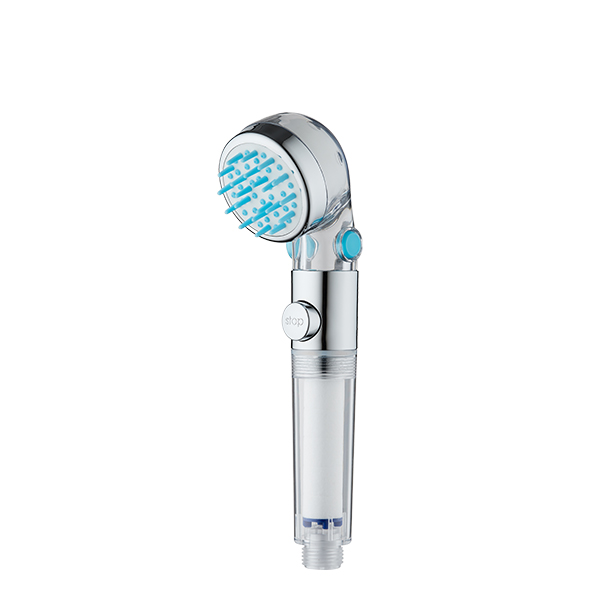 ZH2382 chrome baby shower head with light blue silicone bristle face, stop button and clear handle with white filter