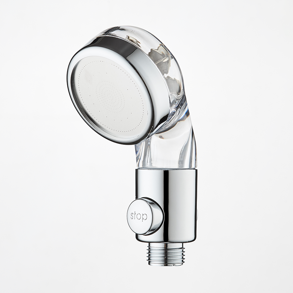 ZH2981 compact baby shower head with transparent clear neck, white micro-nozzle face and chrome stop button