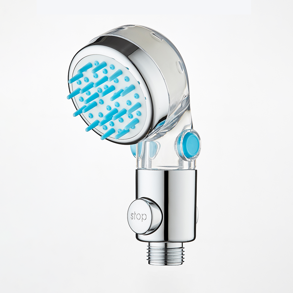 ZH2982 clear and chrome baby handheld shower head with long blue silicone bristle nozzles and stop button