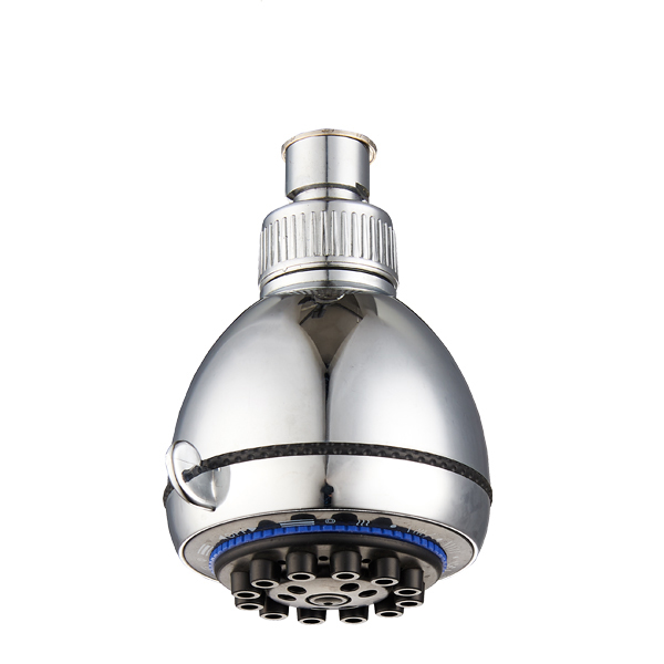 ZH3303C chrome dome-shaped fixed overhead shower head with black rubber nozzles, blue ring and ball-joint nut