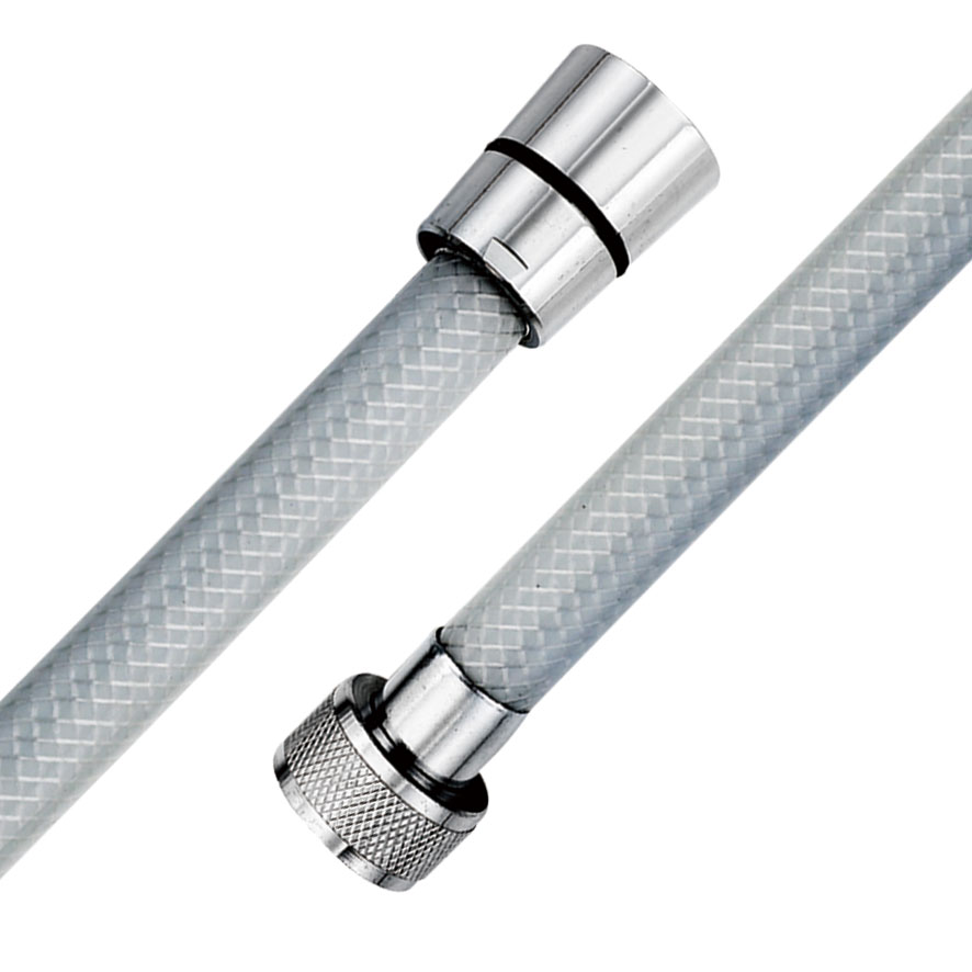 ZHSH0012 grey braided shower hose with conical chrome ferrule and knurled chrome nut fittings