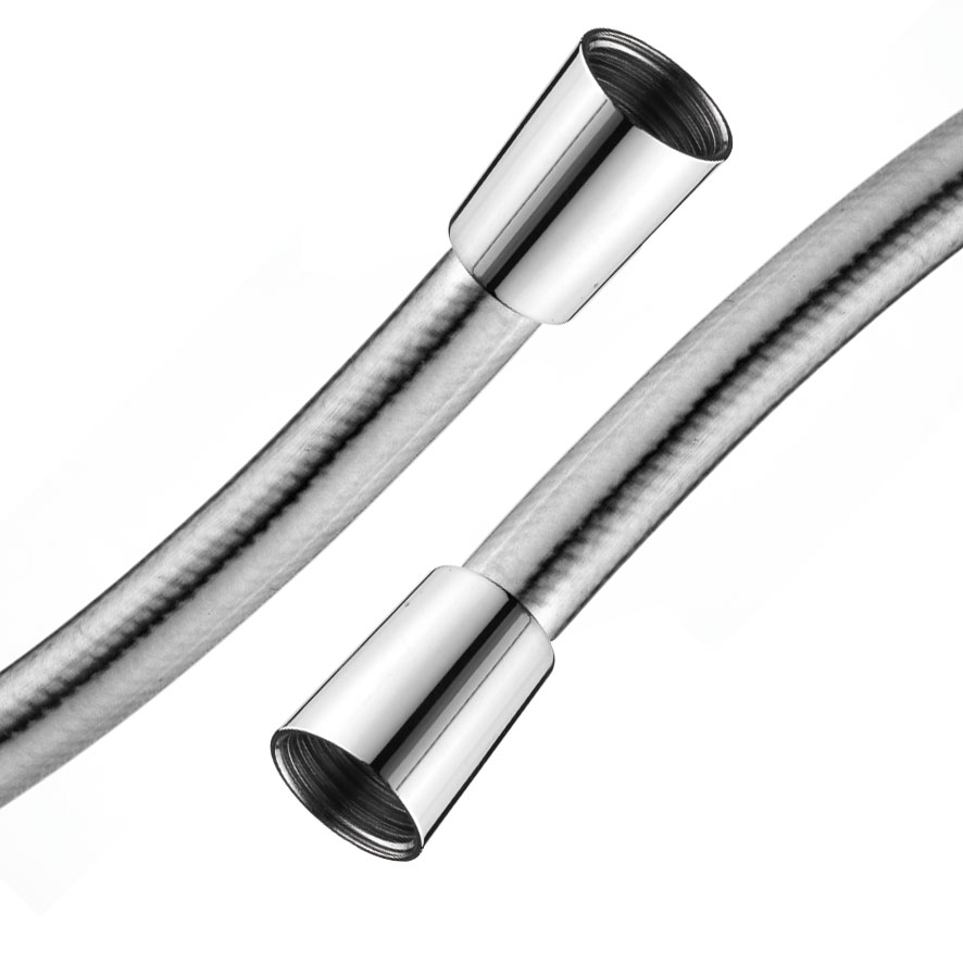 ZHSH0015 smooth silver shower hose with polished chrome conical nuts on both ends