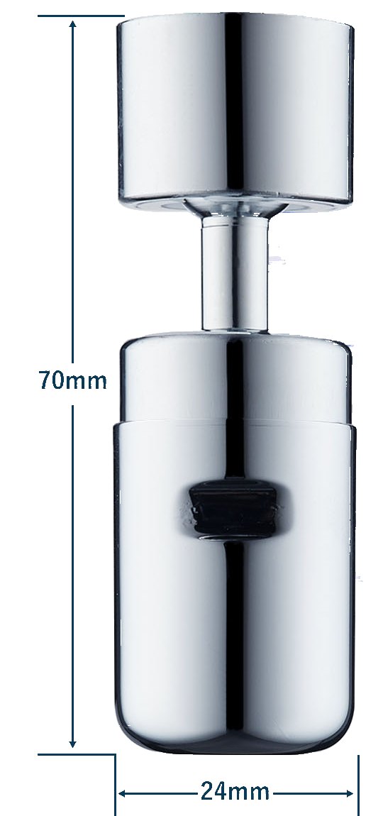 Faucet-type ultrafine bubble generator, a chrome-plated cylinder with dimension lines marking about 24 mm wide and about 70 mm high
