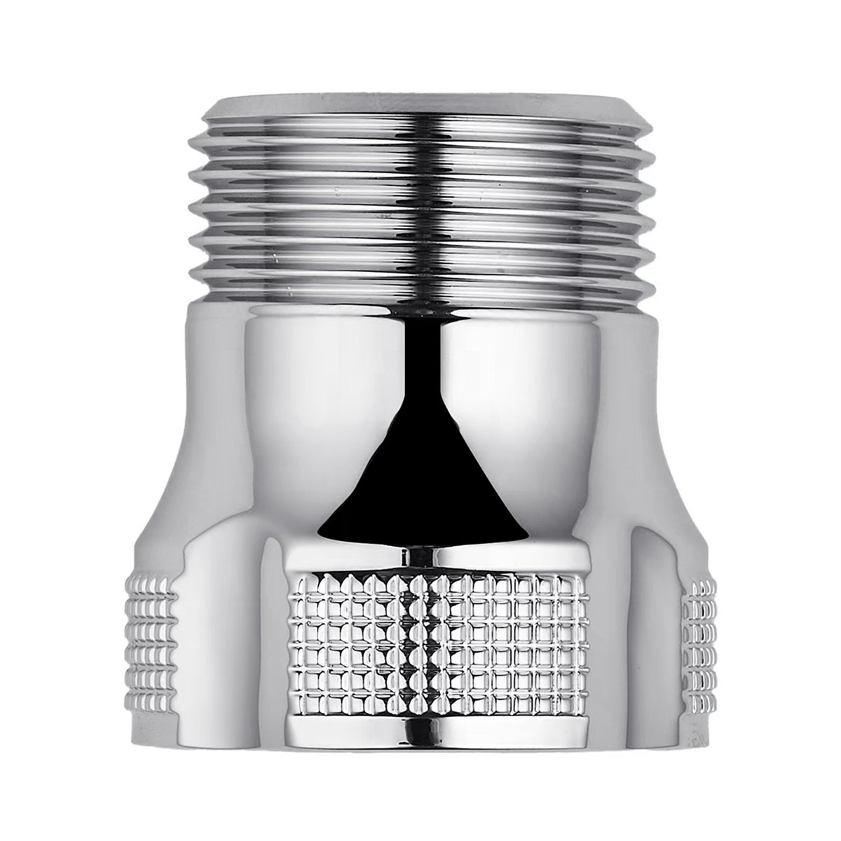 Washing-machine ultrafine bubble generator, adapter type: a metal fitting with a thread at the top for the inlet hose and a knurled nut at the bottom that goes onto the washing machine's water inlet